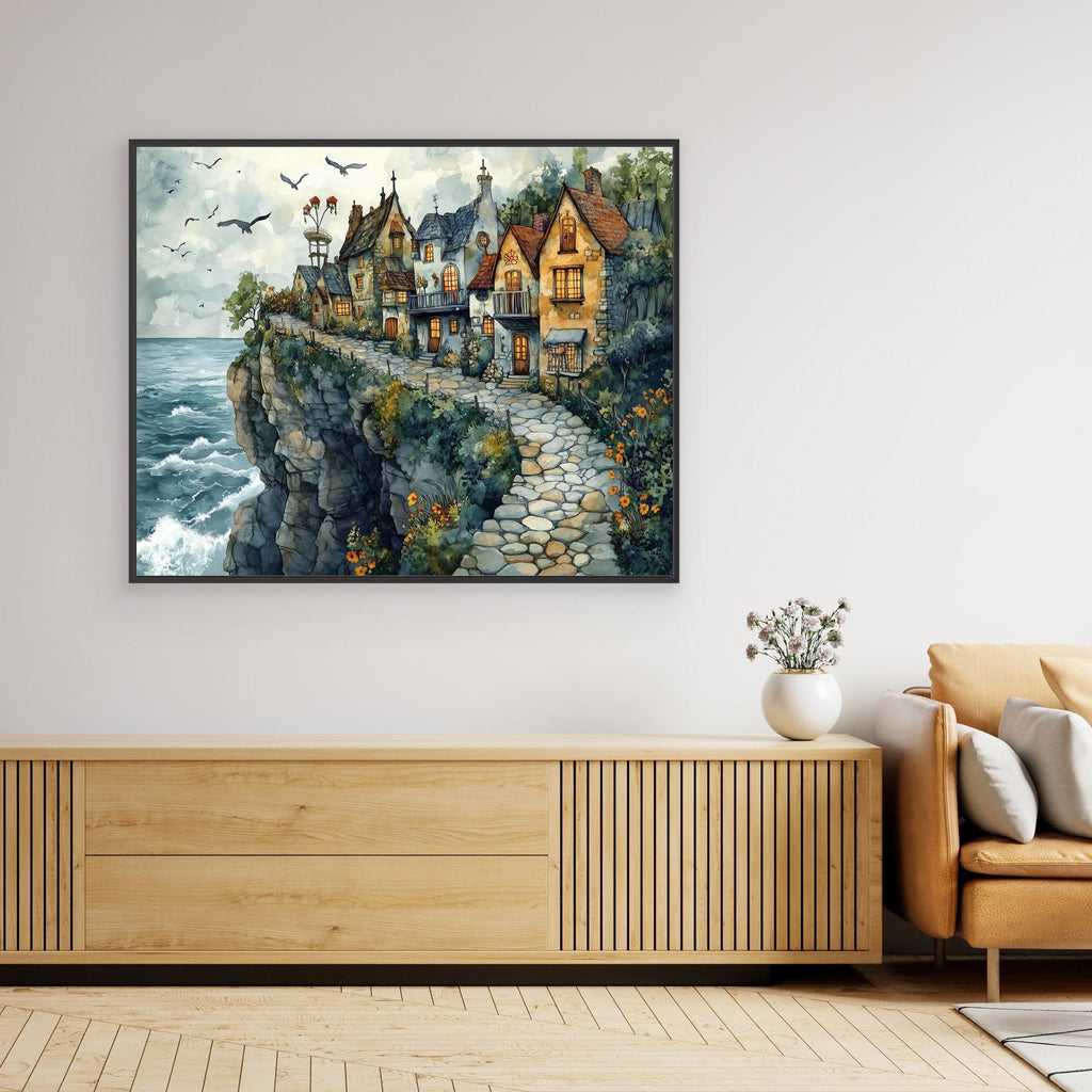 Coastal Cliffside Village Canvas Print for Hallway Decor - Framed Pop Art