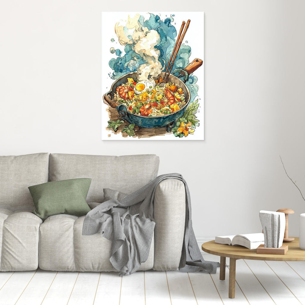 Colourful Steaming Wok Fried Rice Kitchen Canvas Wall Art - Framed Pop Art