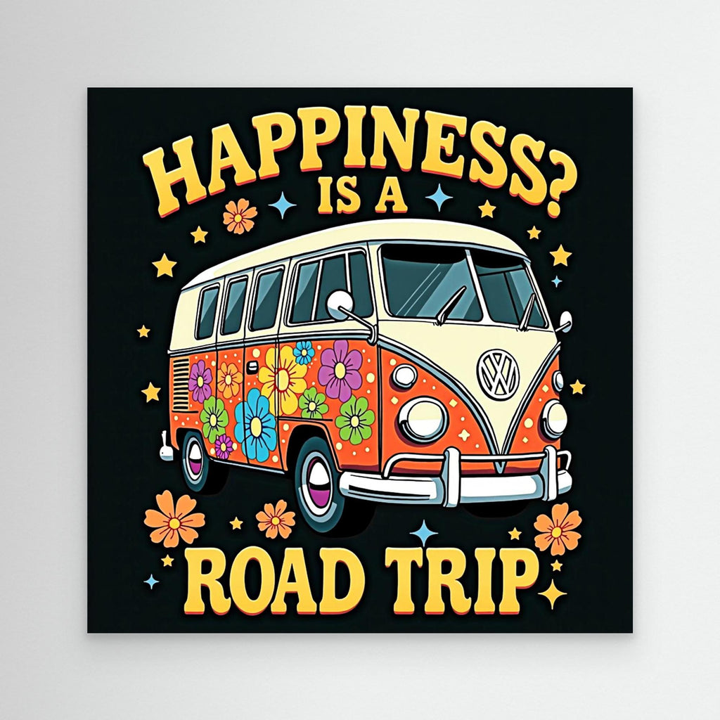 Happiness Is A Road Trip VW Bus Canvas Art | Retro Wall Decor - Framed Pop Art