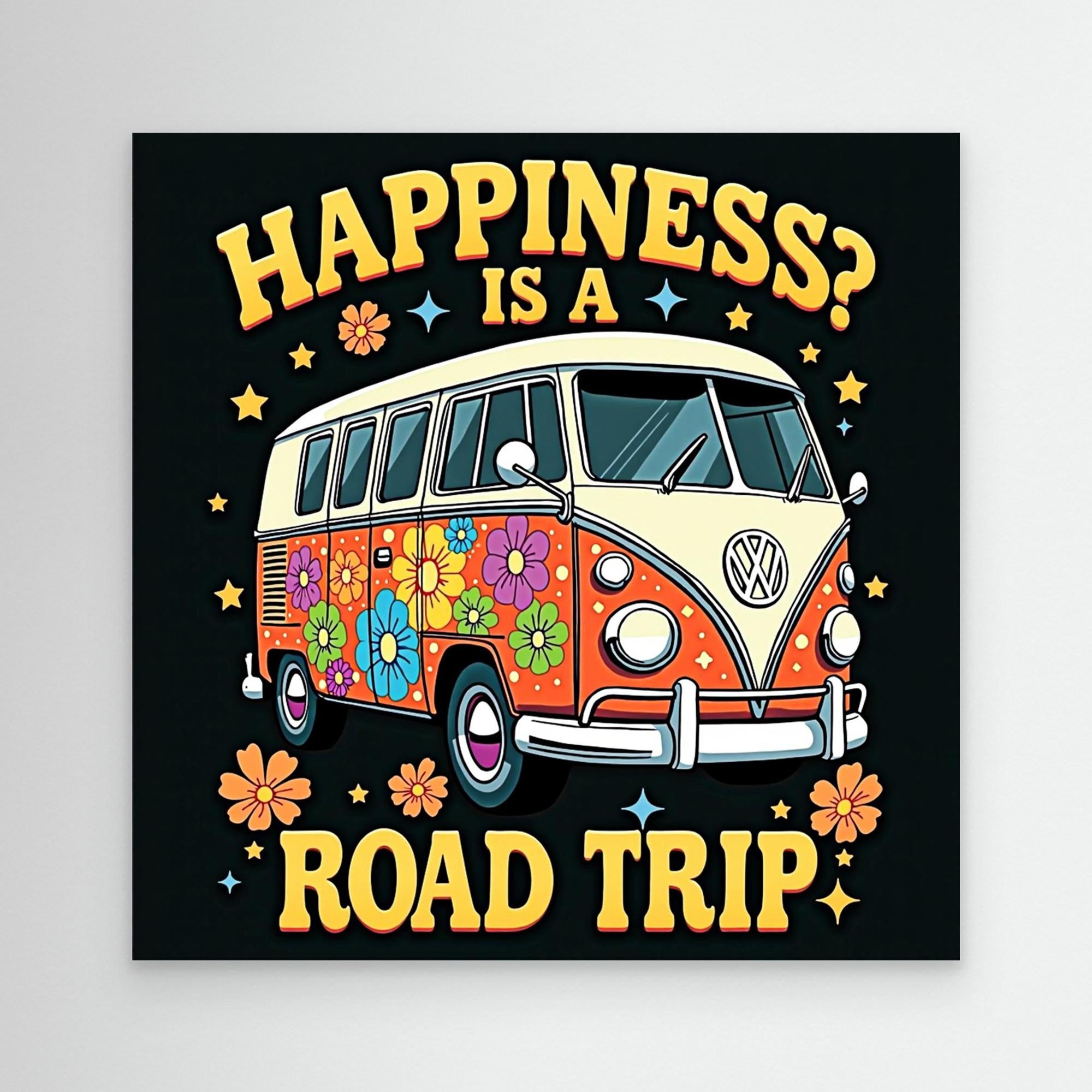 Happiness Is A Road Trip VW Bus Canvas Art | Retro Wall Decor - Framed Pop Art