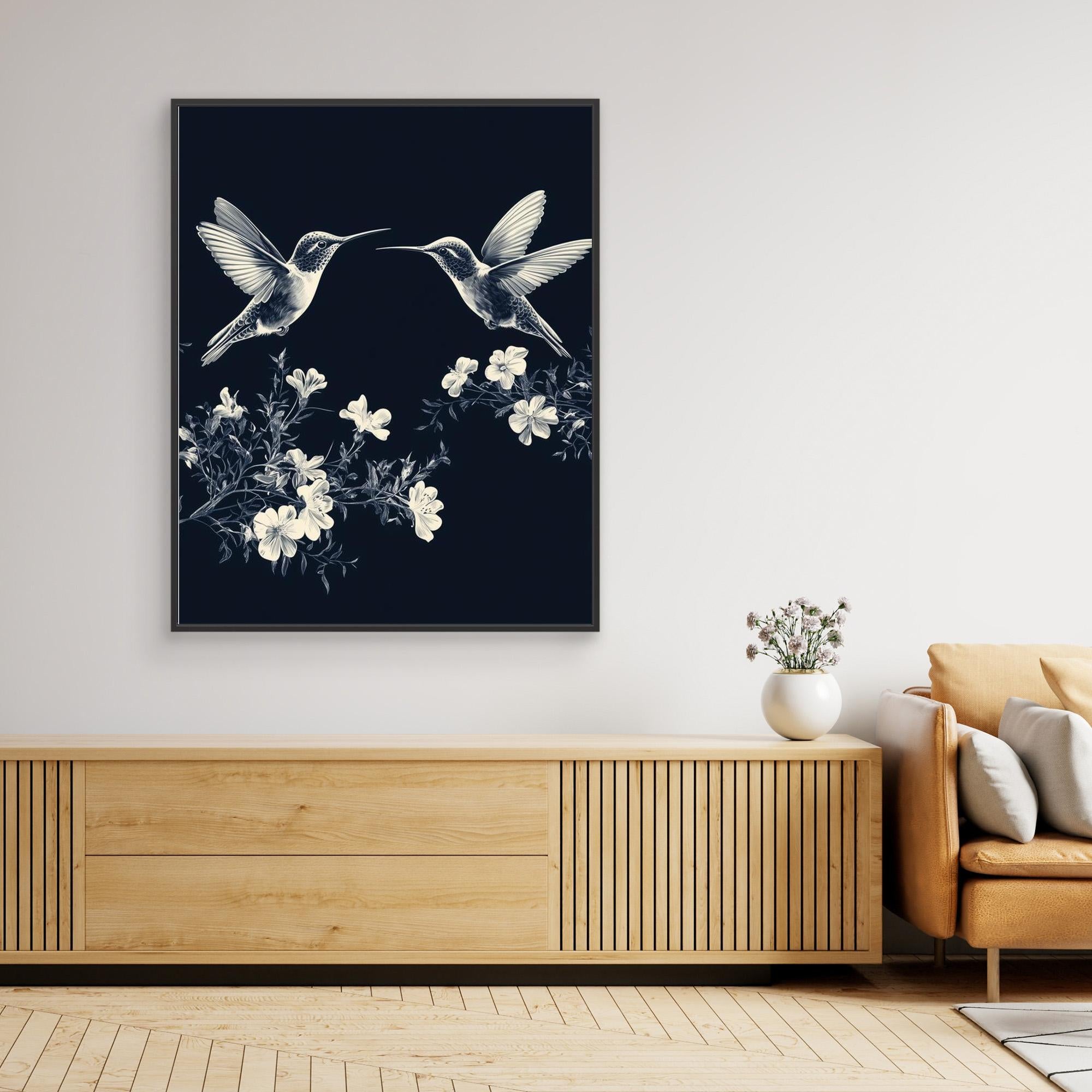 Navy Hummingbird & Floral Wall Art | Botanical Nursery Decor - Framed Pop Art