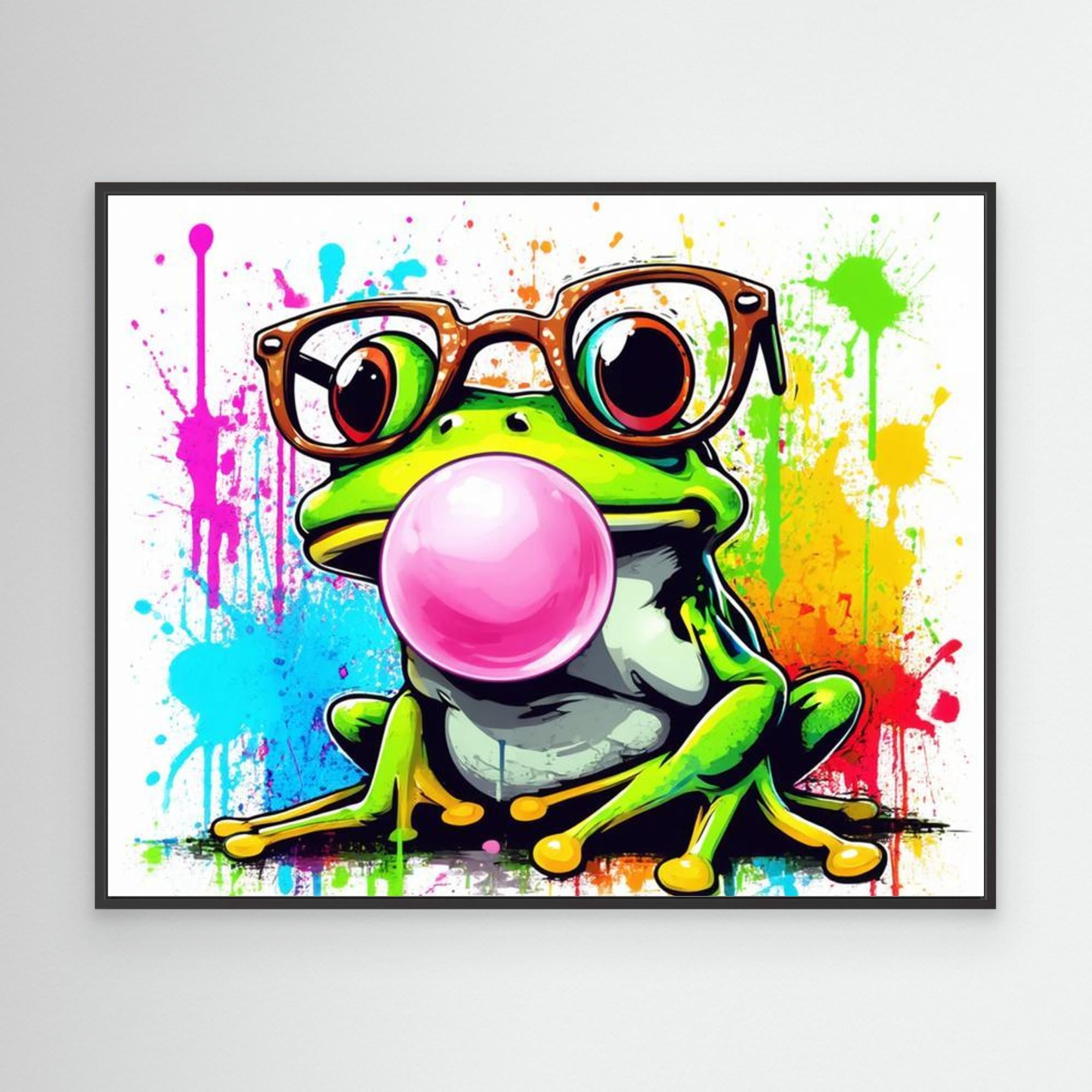 Colorful Frog Wall Art - Nerdy Frog with Glasses Canvas - Framed Pop Art