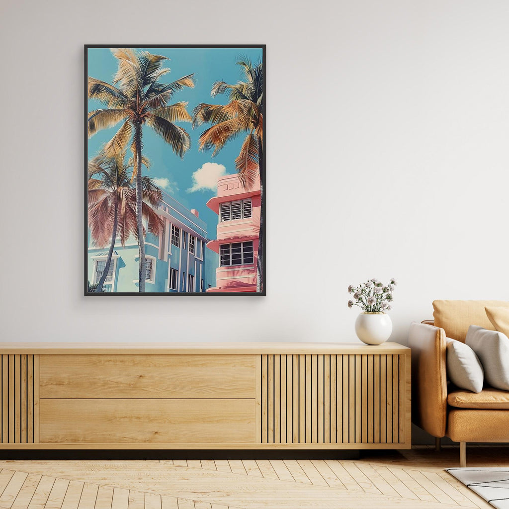 Miami Beach Wall Art Canvas for Coastal Living Room Decor - Framed Pop Art