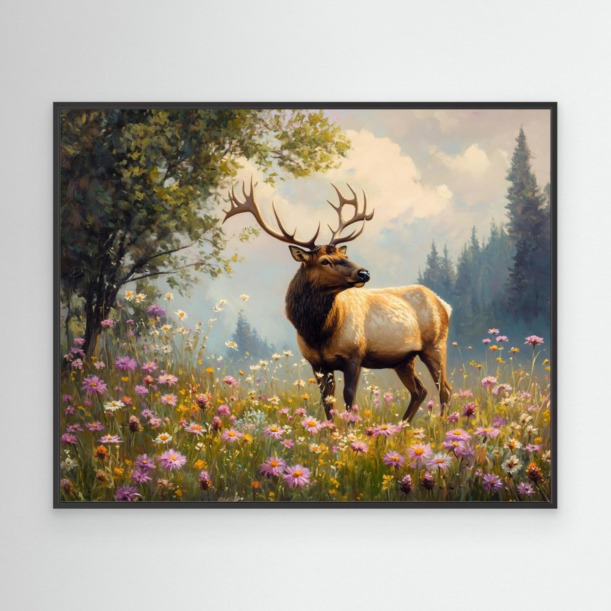 Majestic Elk in Wildflower Meadow Canvas Wall Art - Framed Pop Art