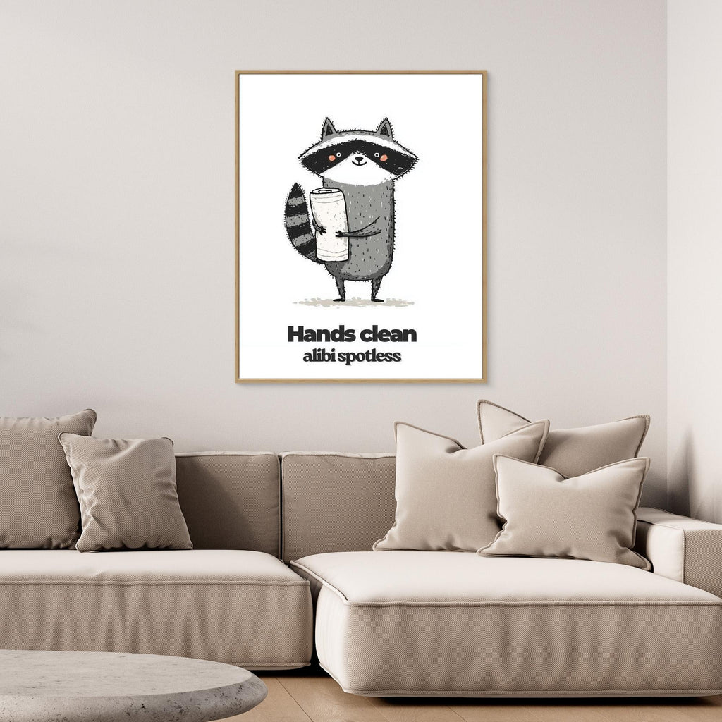 Funny Raccoon Bathroom Wall Art - Hands Clean Quote Print