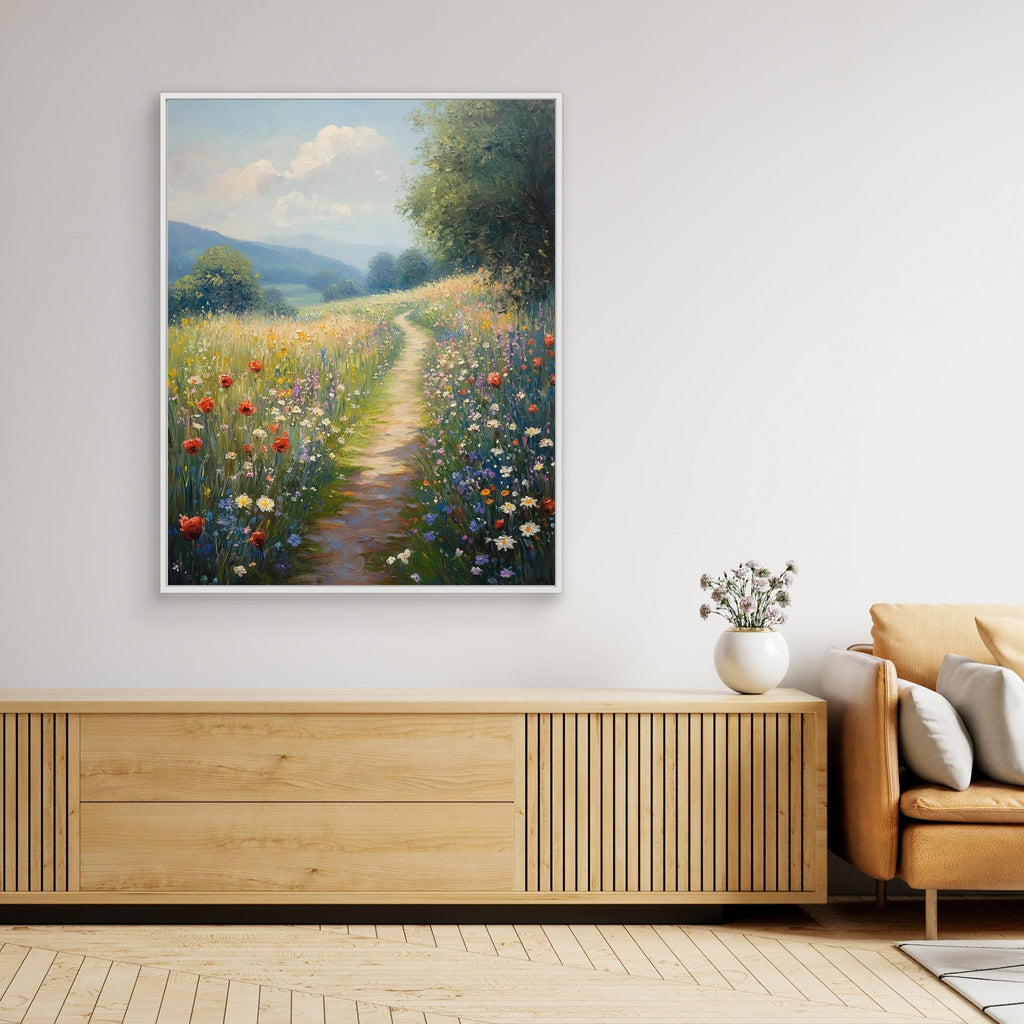 Wildflower Meadow Pathway Canvas Wall Art | Countryside Decor - Framed Pop Art