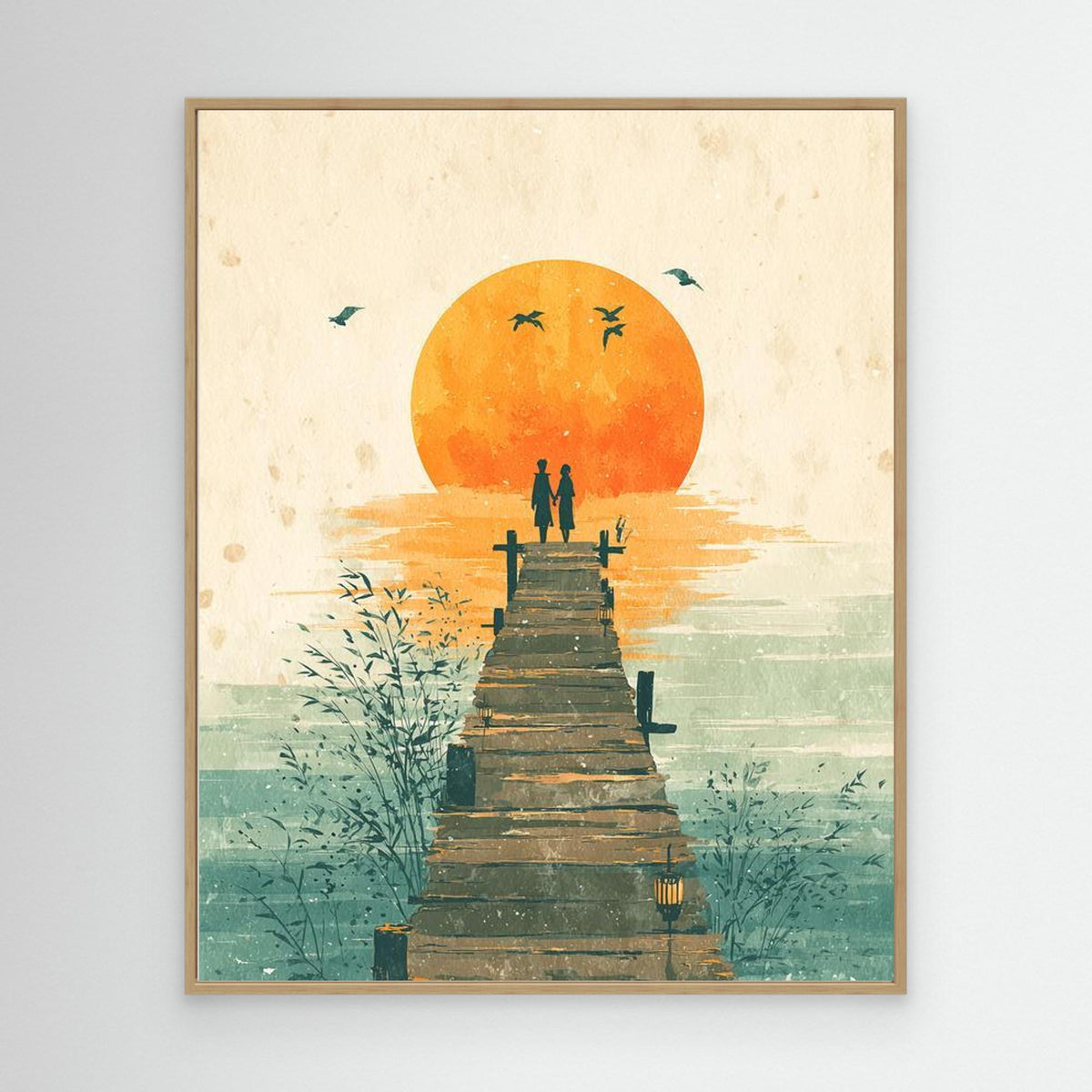 Romantic Lakeside Sunset Pier Framed Canvas Print Art - Framed Pop Art