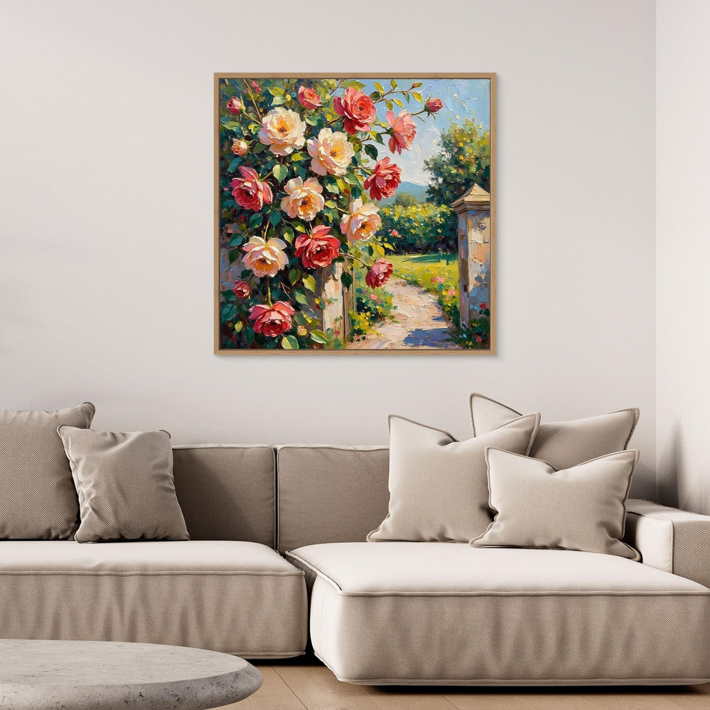 Pink Rose Garden Oil Painting | Floral Hallway Wall Art - Framed Pop Art