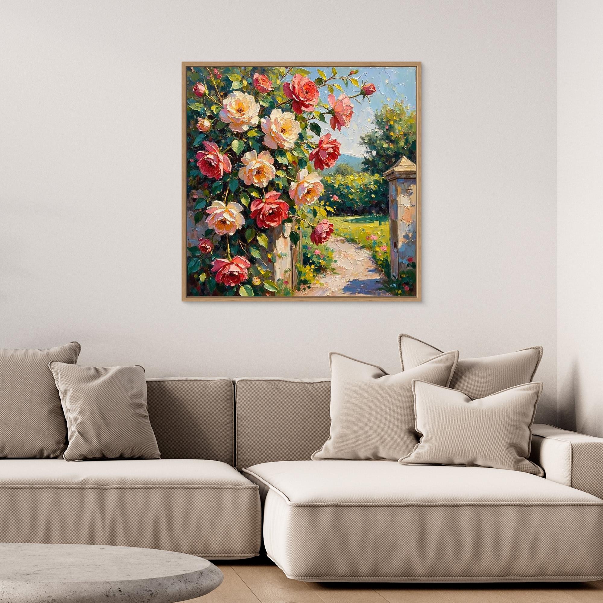 Pink Rose Garden Oil Painting | Floral Hallway Wall Art - Framed Pop Art