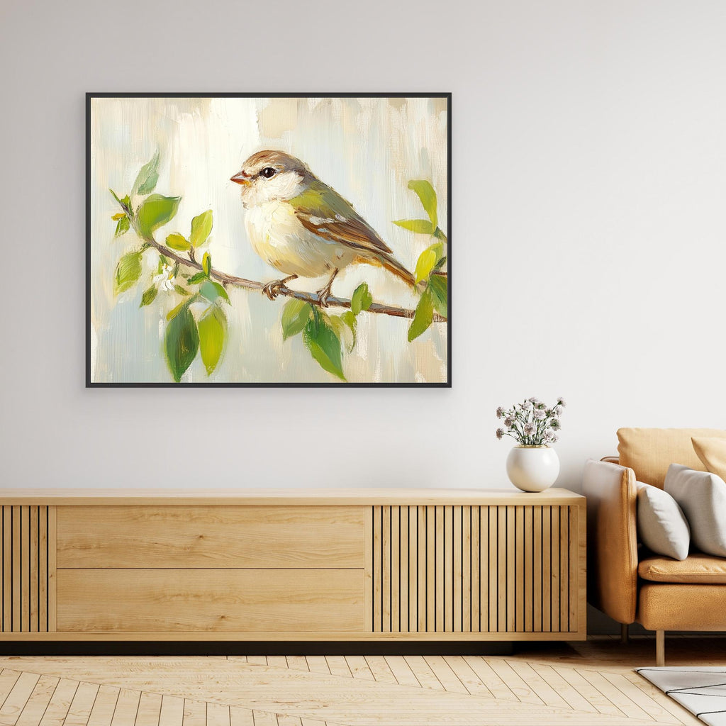 Bird on Branch Oil Painting | Nursery Wall Art Decor - Framed Pop Art