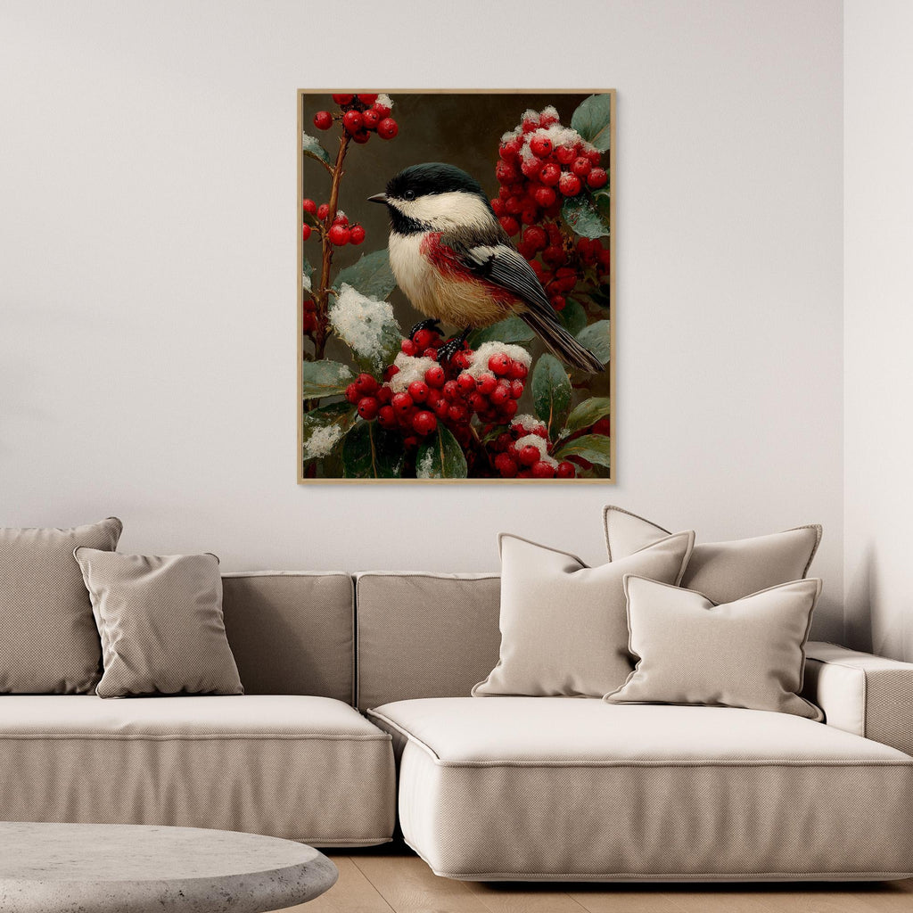 Hallway Bird Wall Art – Chickadee & Red Berries Canvas - Framed Pop Art