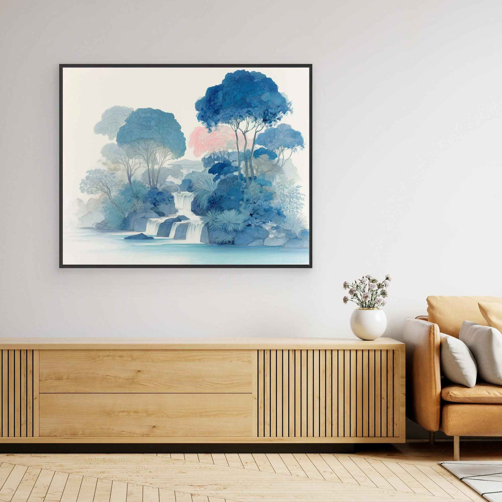 Blue Waterfall Forest Canvas Wall Art Print - Framed Pop Art
