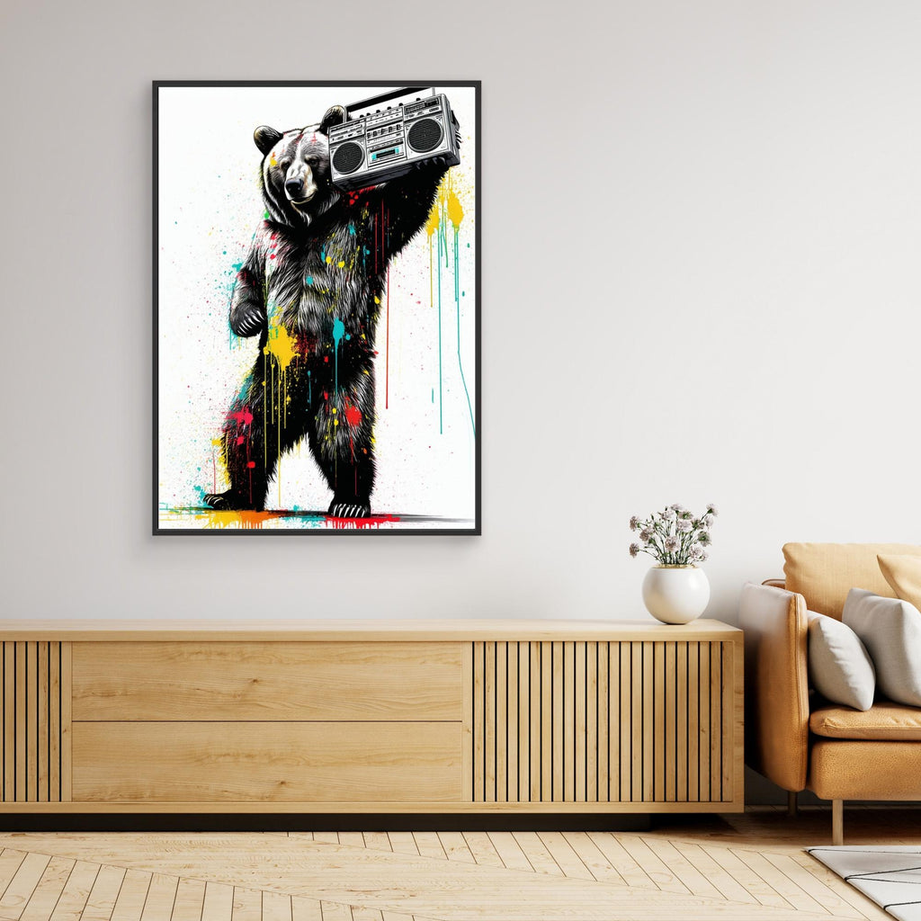Grizzly Bear Boombox Canvas Art | Retro Urban Wall Decor - Framed Pop Art