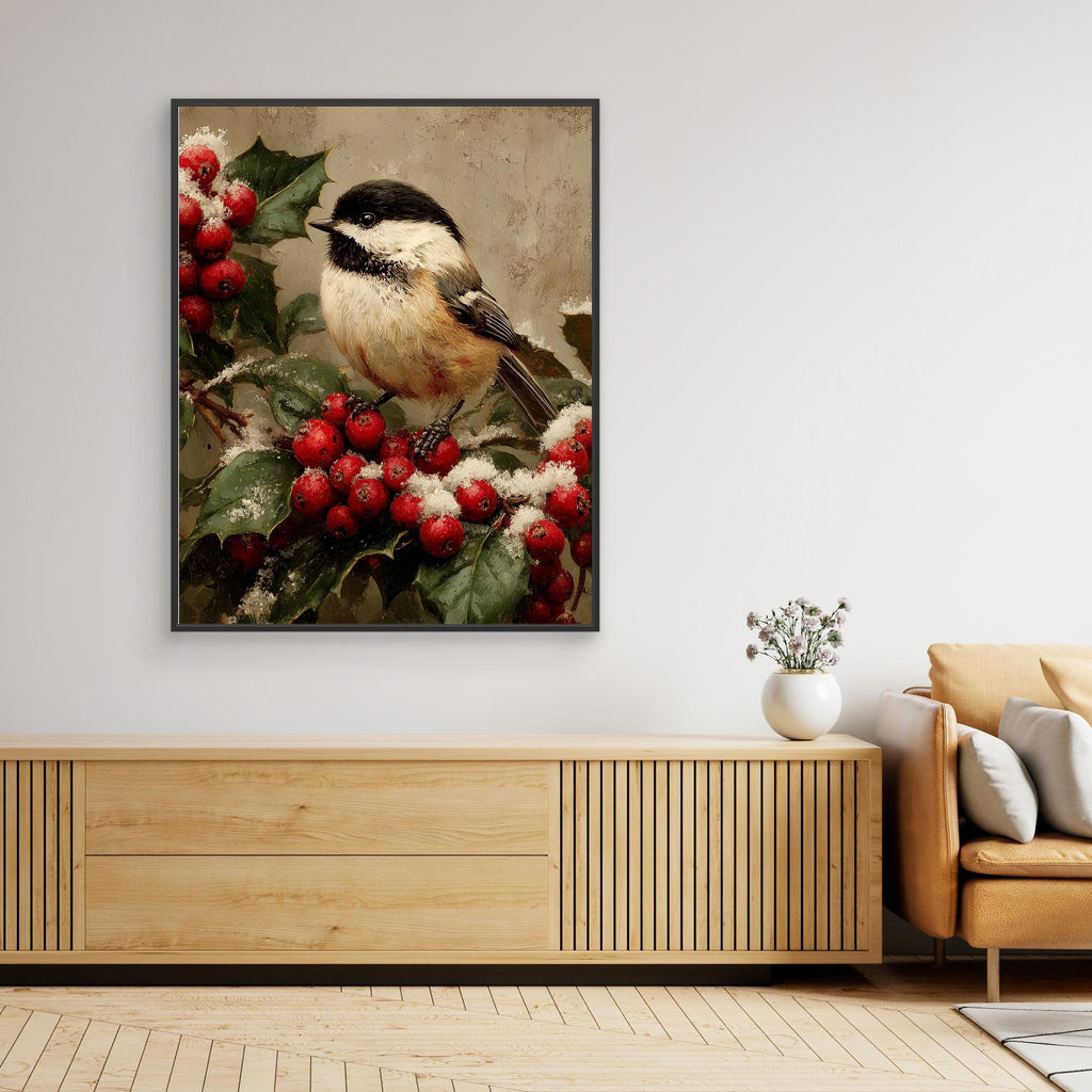 Christmas Bird Wall Art for Hallway – Chickadee Print - Framed Pop Art