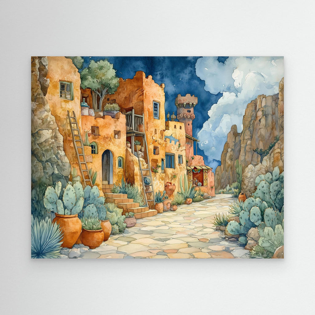 Desert Village Watercolour Canvas Print for Hallway - Framed Pop Art