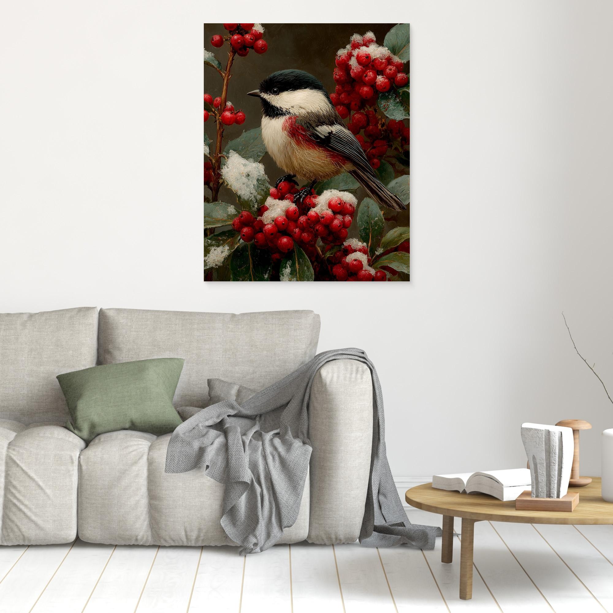 Hallway Bird Wall Art – Chickadee & Red Berries Canvas - Framed Pop Art