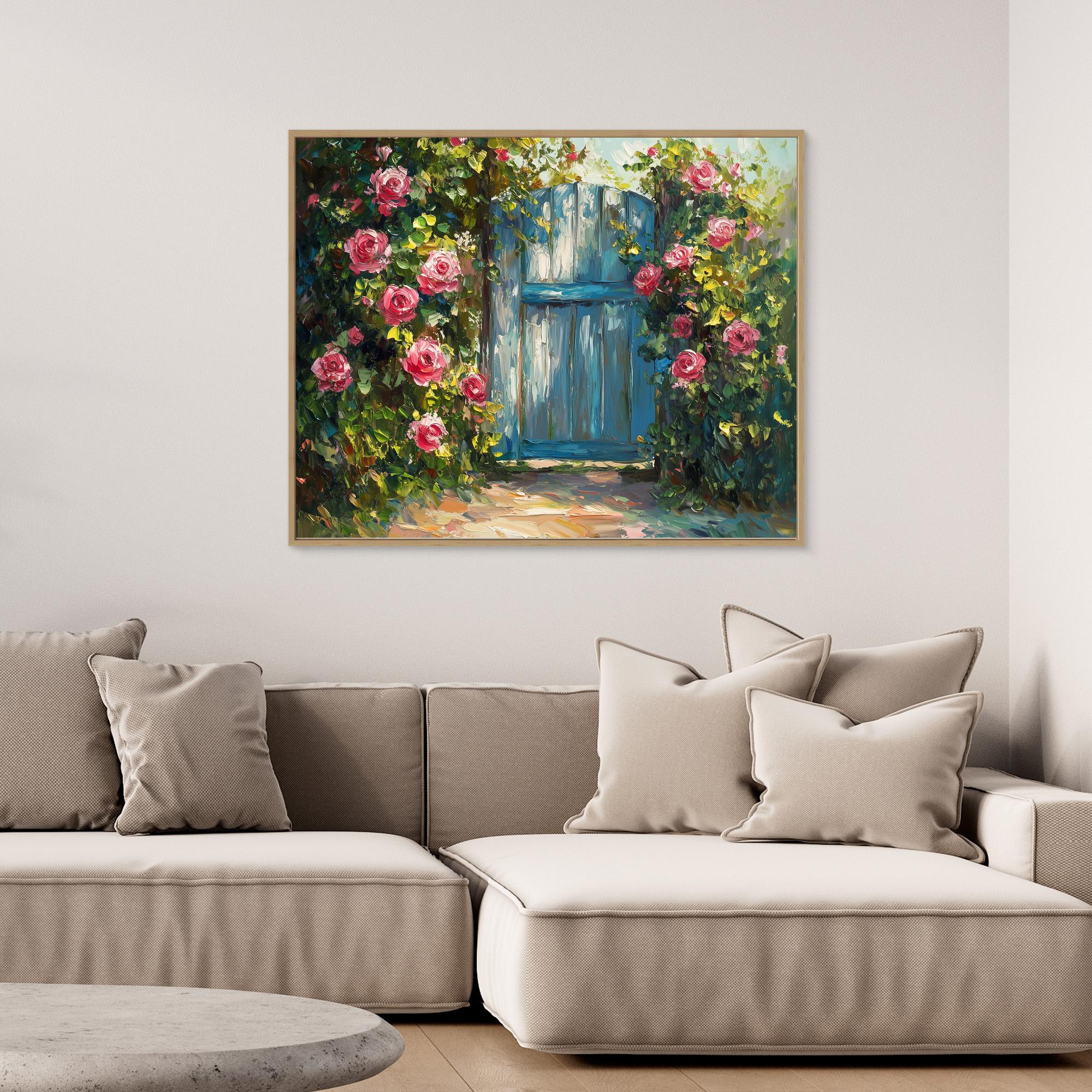 Hallway Wall Art – Blue Garden Gate & Pink Roses Canvas - Framed Pop Art