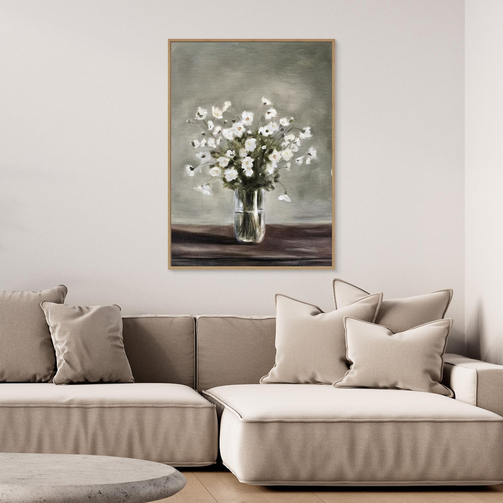 White Floral Still Life Painting | Hallway Wall Art - Framed Pop Art