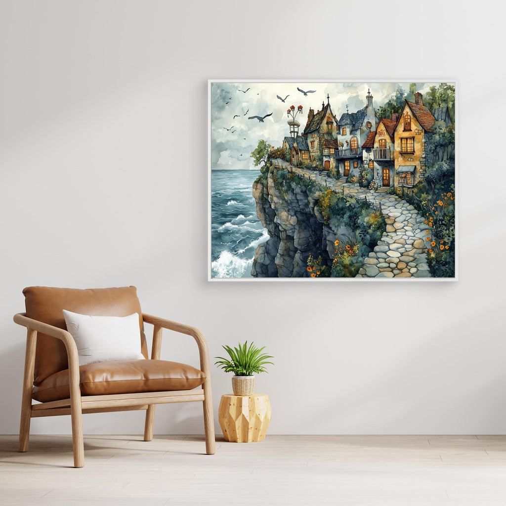 Coastal Cliffside Village Canvas Print for Hallway Decor - Framed Pop Art