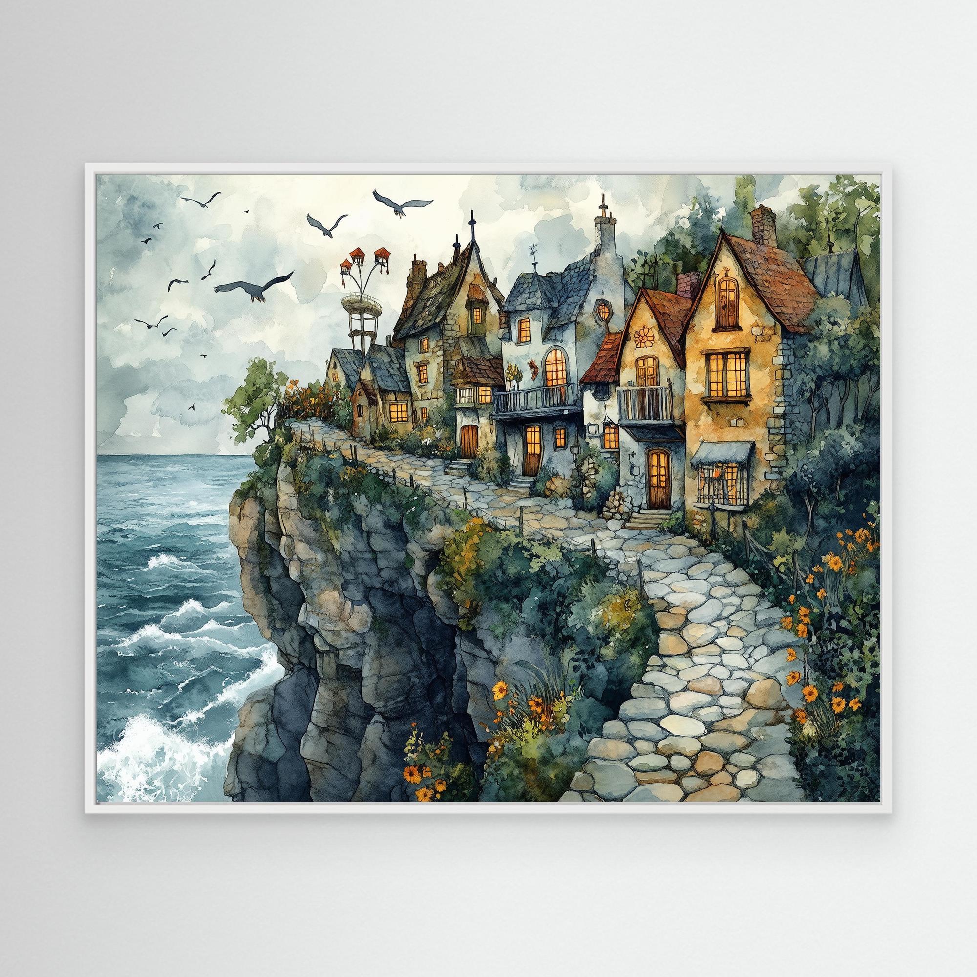 Coastal Cliffside Village Canvas Print for Hallway Decor - Framed Pop Art