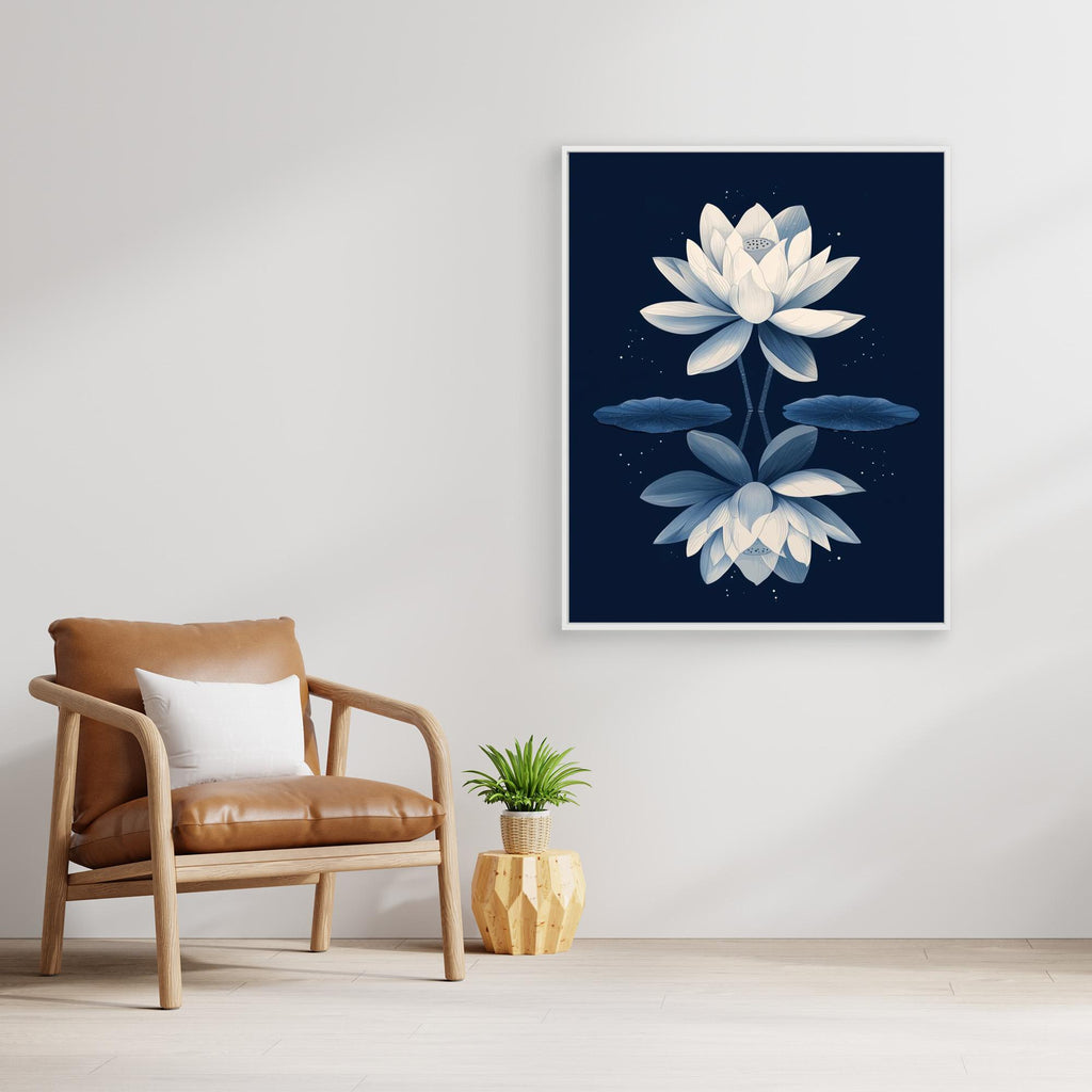 Navy Blue Lotus Flower Mirror Art Print | Zen Wall Decor - Framed Pop Art