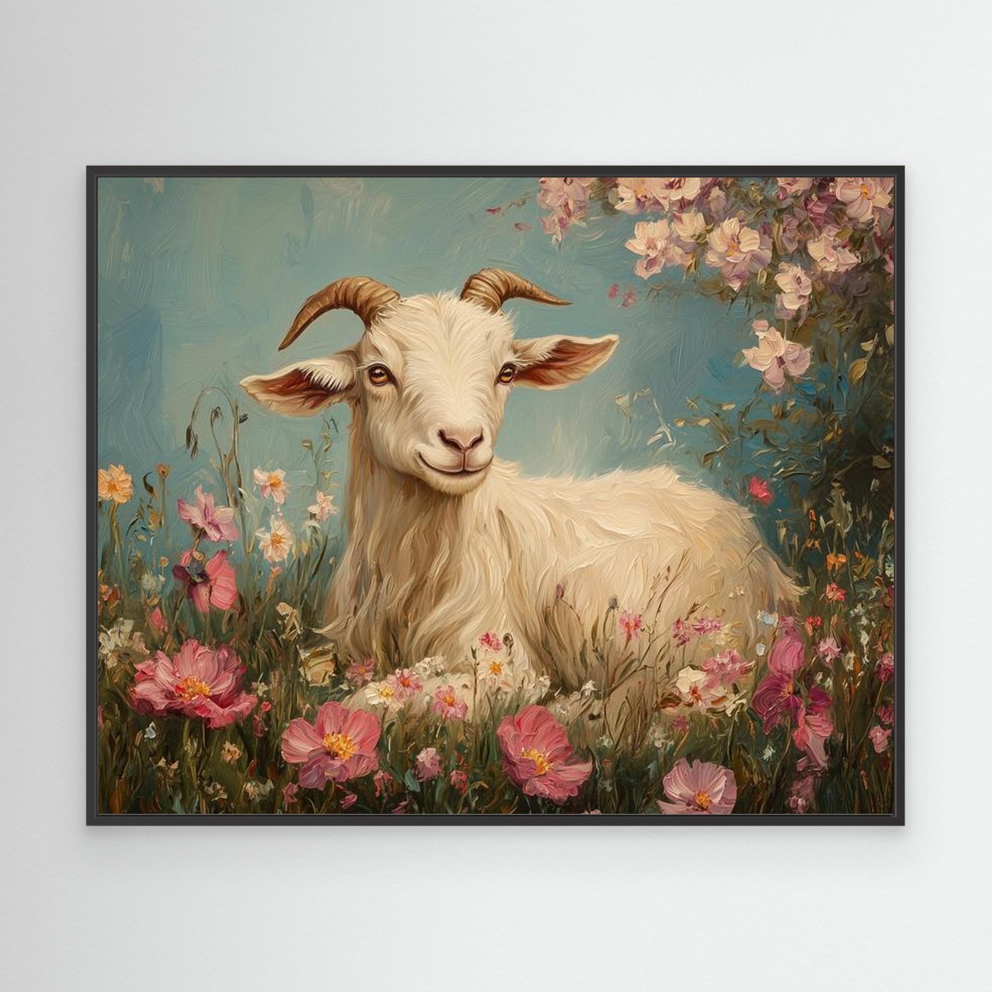 Whimsical Goat in Wildflowers Canvas Wall Art | Country Decor - Framed Pop Art