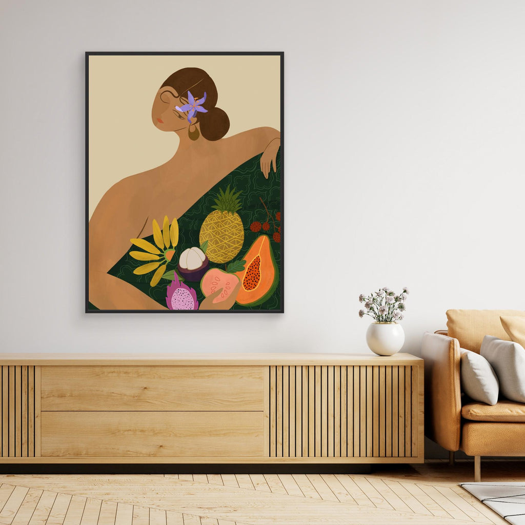 Hallway Wall Art – Tropical Woman & Fruit Canvas Print - Framed Pop Art