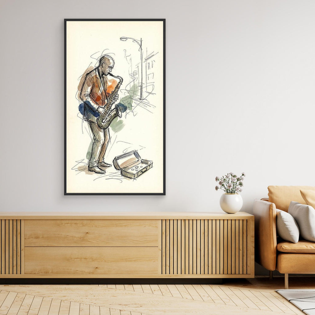 Saxophone Street Player Sketch Canvas Wall Art | Music Art - Framed Pop Art