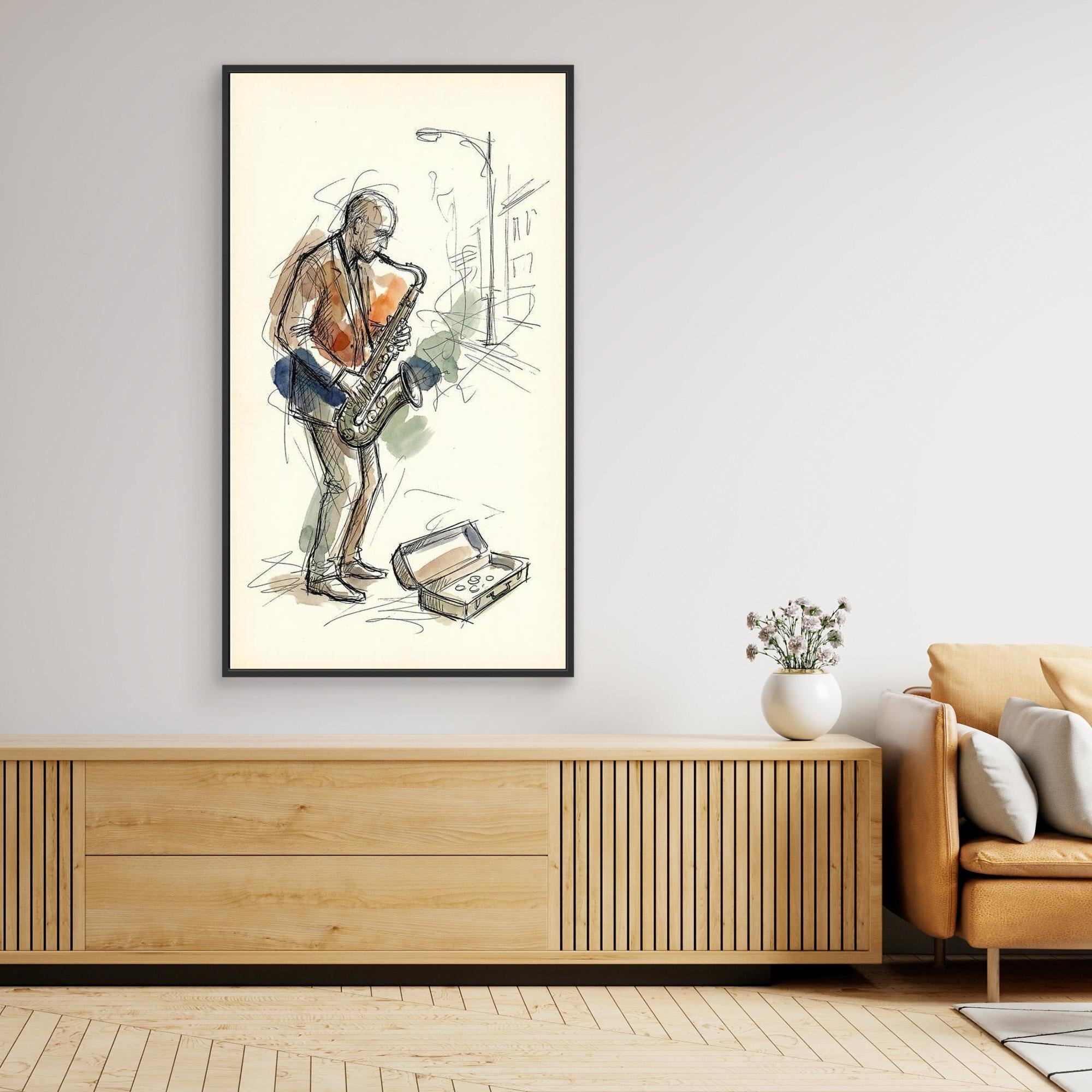 Saxophone Street Player Sketch Canvas Wall Art | Music Art - Framed Pop Art