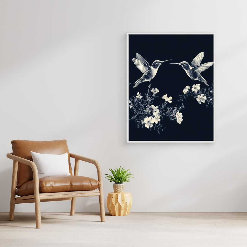 Navy Hummingbird & Floral Wall Art | Botanical Nursery Decor - Framed Pop Art