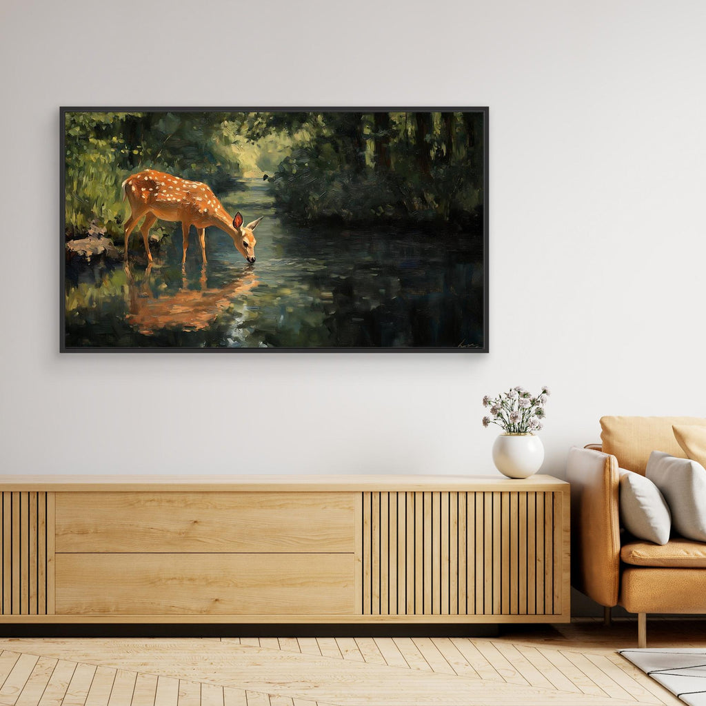 Tranquil Deer in Forest Stream Canvas Wall Art - Framed Pop Art