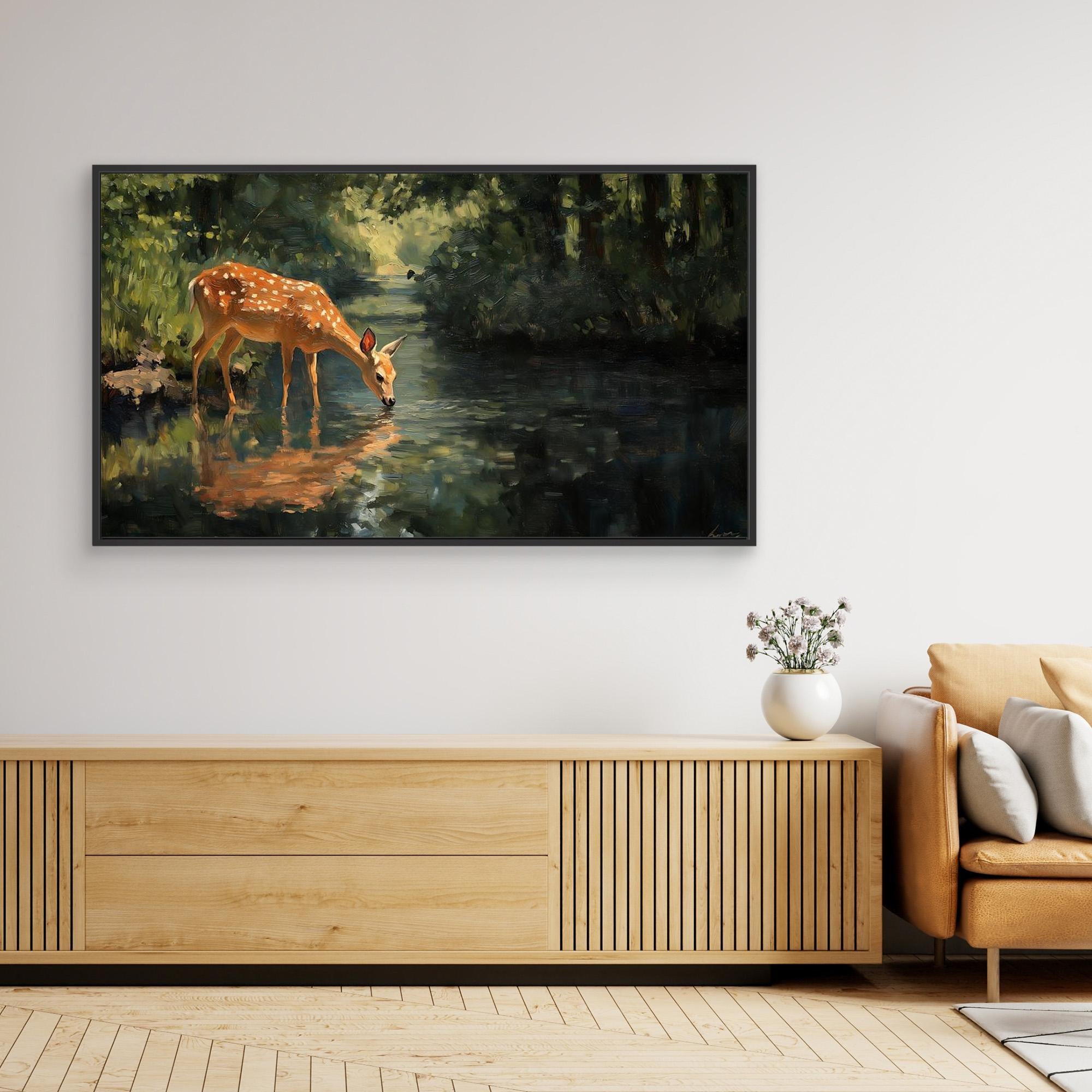 Tranquil Deer in Forest Stream Canvas Wall Art - Framed Pop Art