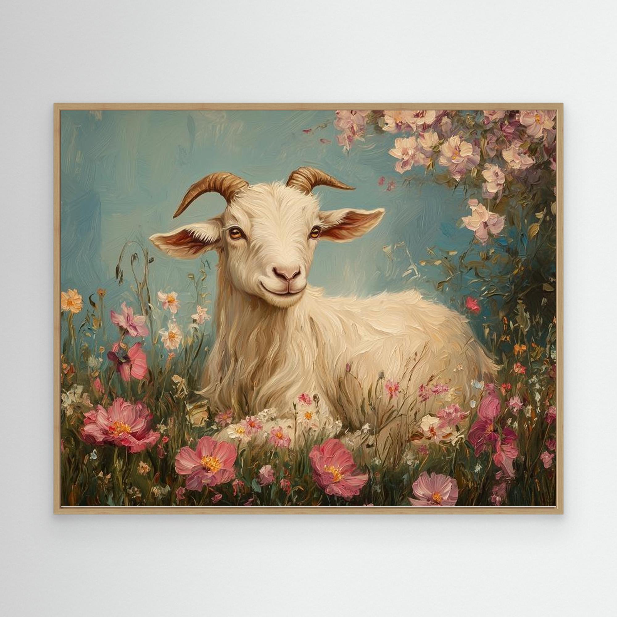 Whimsical Goat in Wildflowers Canvas Wall Art | Country Decor - Framed Pop Art