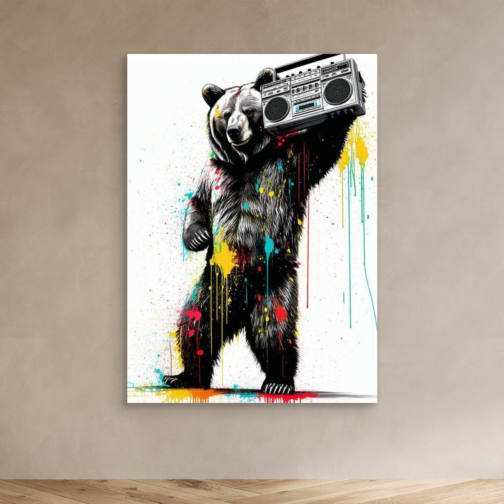 Grizzly Bear Boombox Canvas Art | Retro Urban Wall Decor - Framed Pop Art