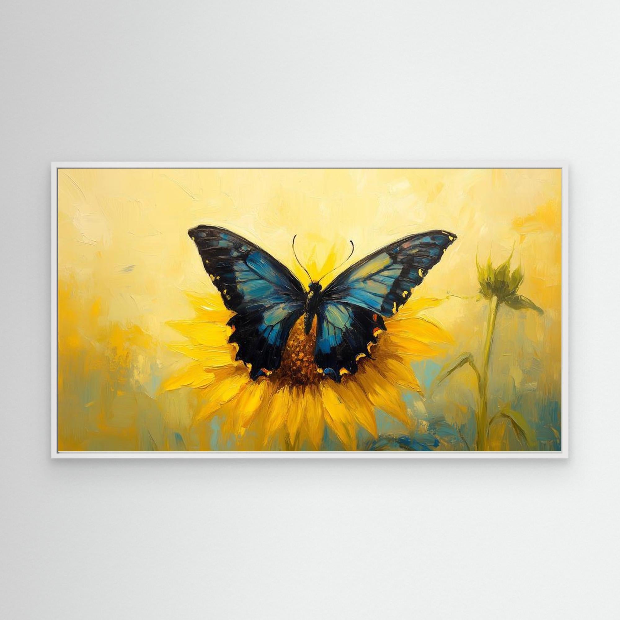 Blue Butterfly & Sunflower Canvas Wall Art | Framed Print