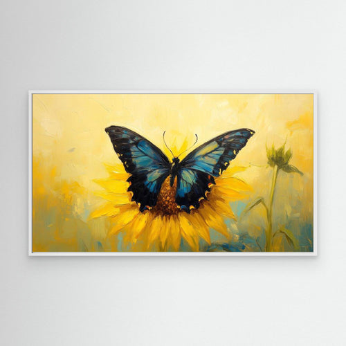 Blue Butterfly & Sunflower Canvas Wall Art | Framed Print - Framed Pop Art