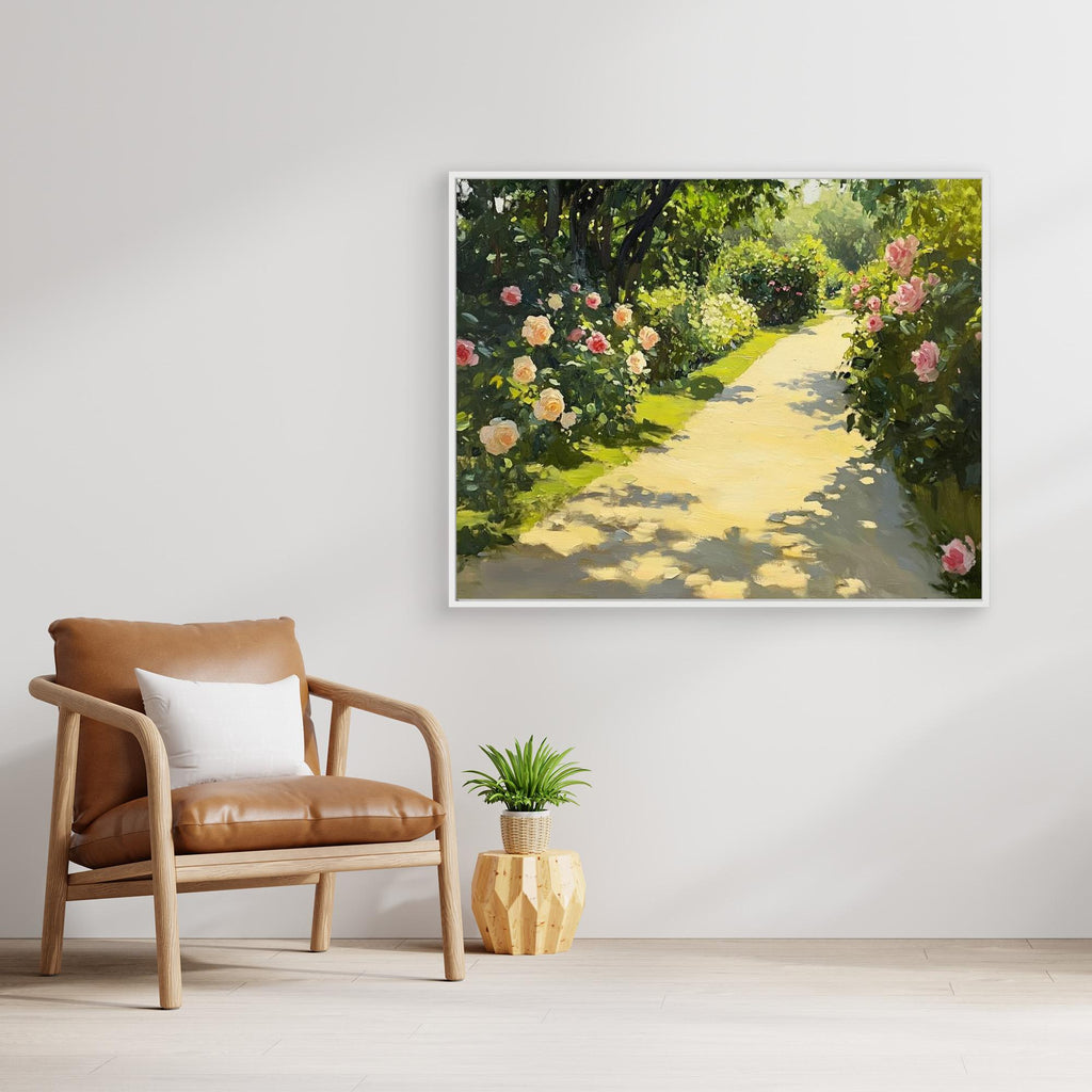 Sunlit Garden Path Canvas Art - Romantic Floral Bedroom Decor - Framed Pop Art