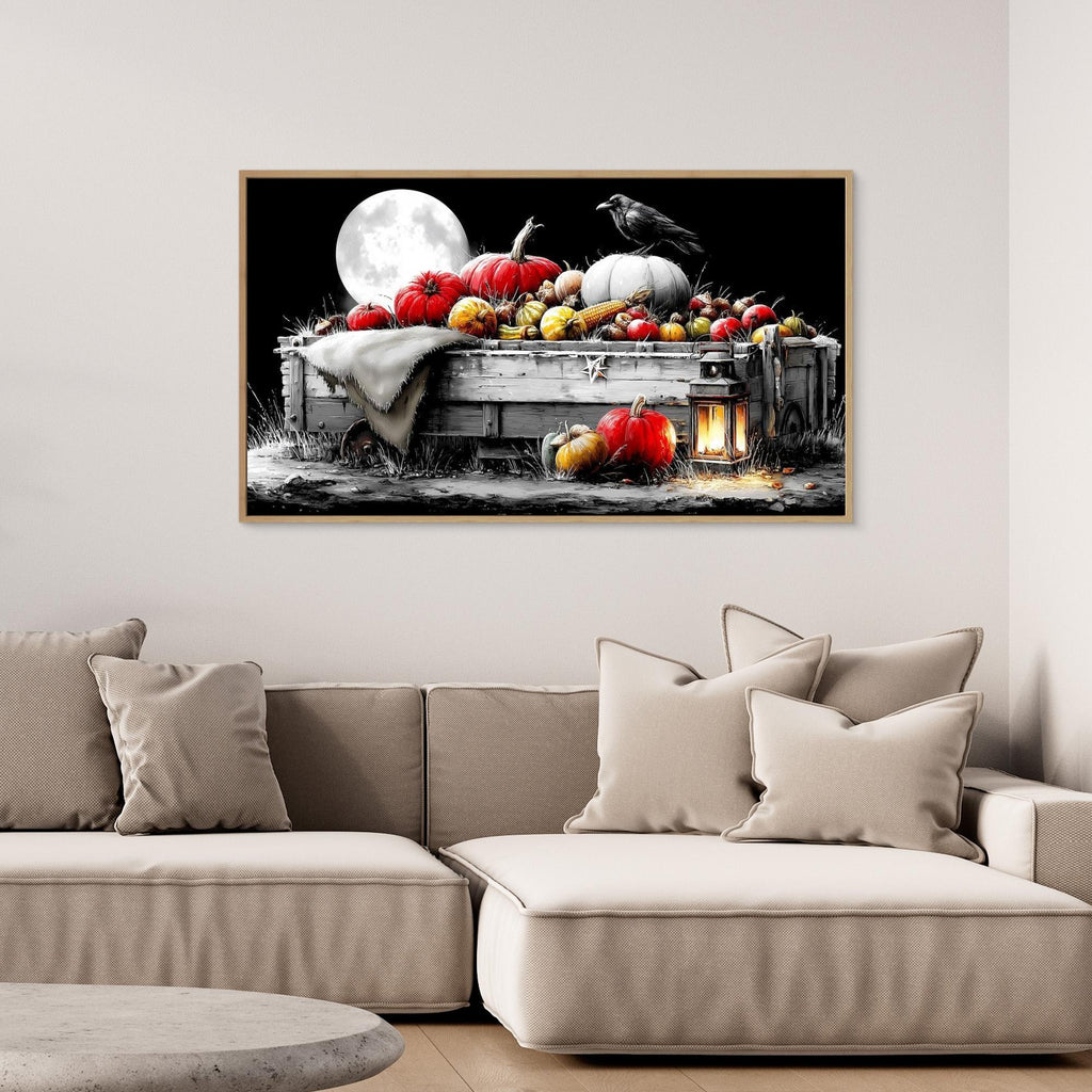 Moonlit Harvest Cart Halloween Canvas Wall Art Print - Framed Pop Art