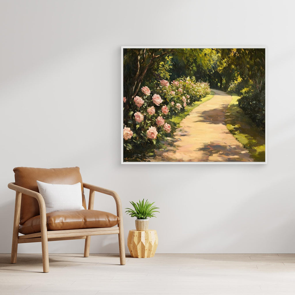 Pink Rose Garden Oil Painting - Romantic Floral Bedroom Decor - Framed Pop Art