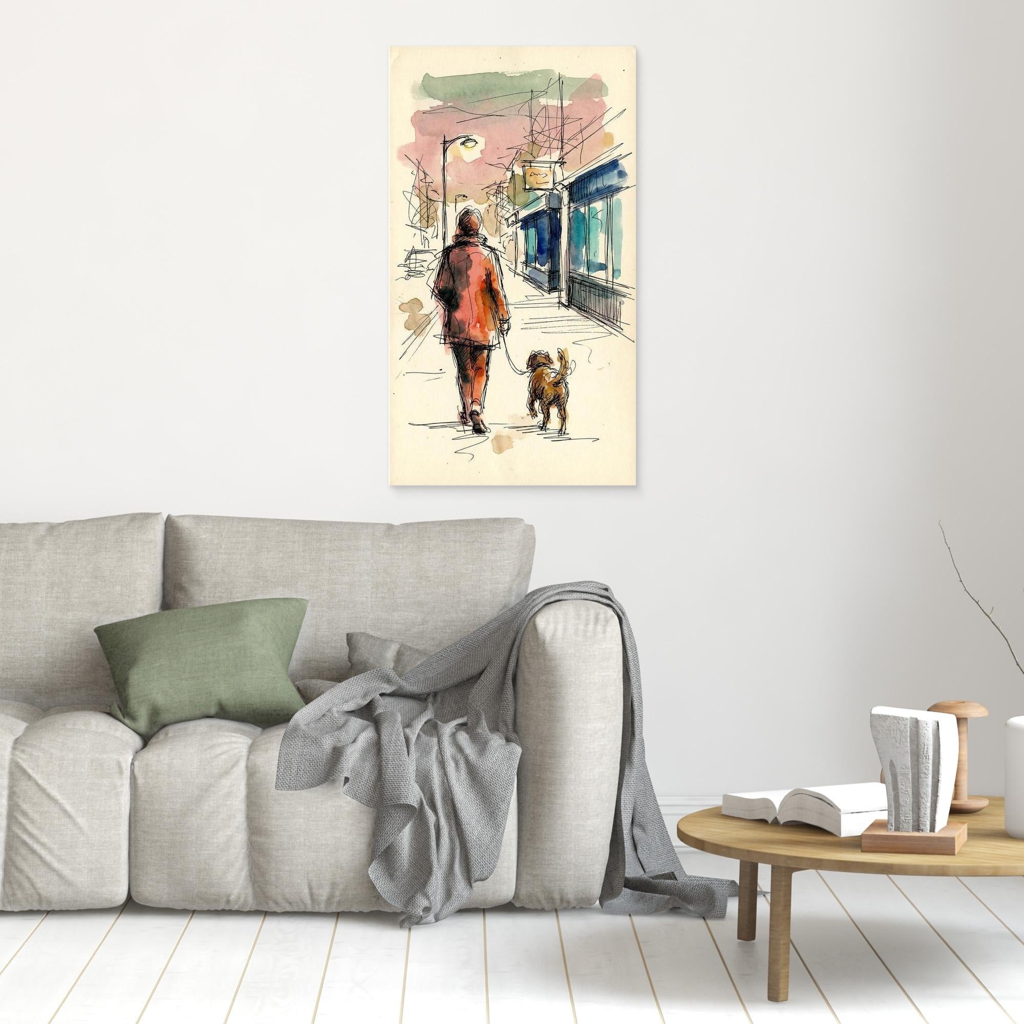 City Stroll Dog Walker Art | Framed Sketch Style Print - Framed Pop Art