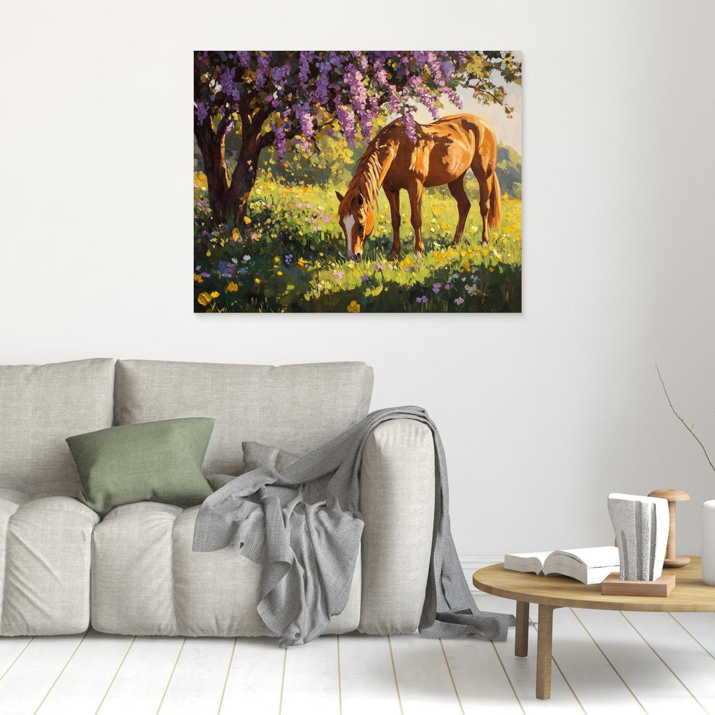 Horse Grazing Under Purple Blossom Canvas Wall Art - Framed Pop Art