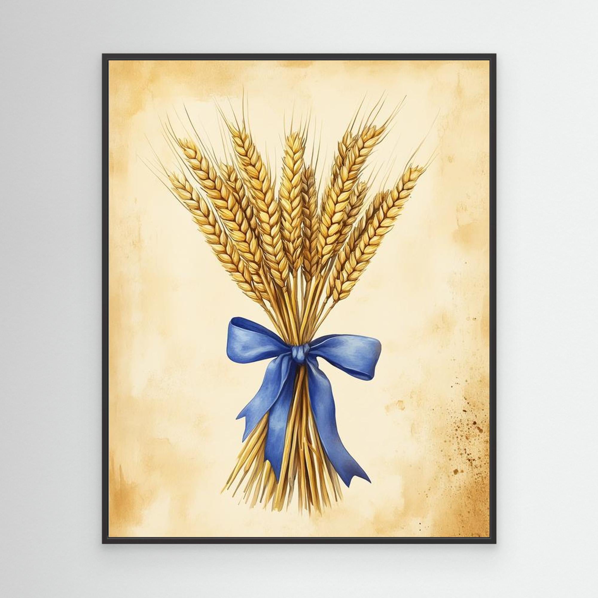 Golden Wheat Stalks Wall Art with Blue Ribbon | Rustic Decor