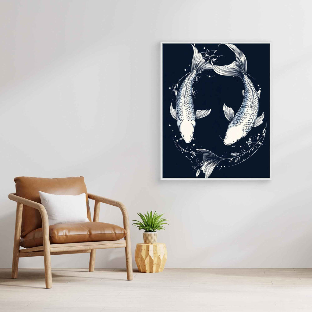 Koi Yin Yang Navy Canvas Wall Art - Framed Pop Art