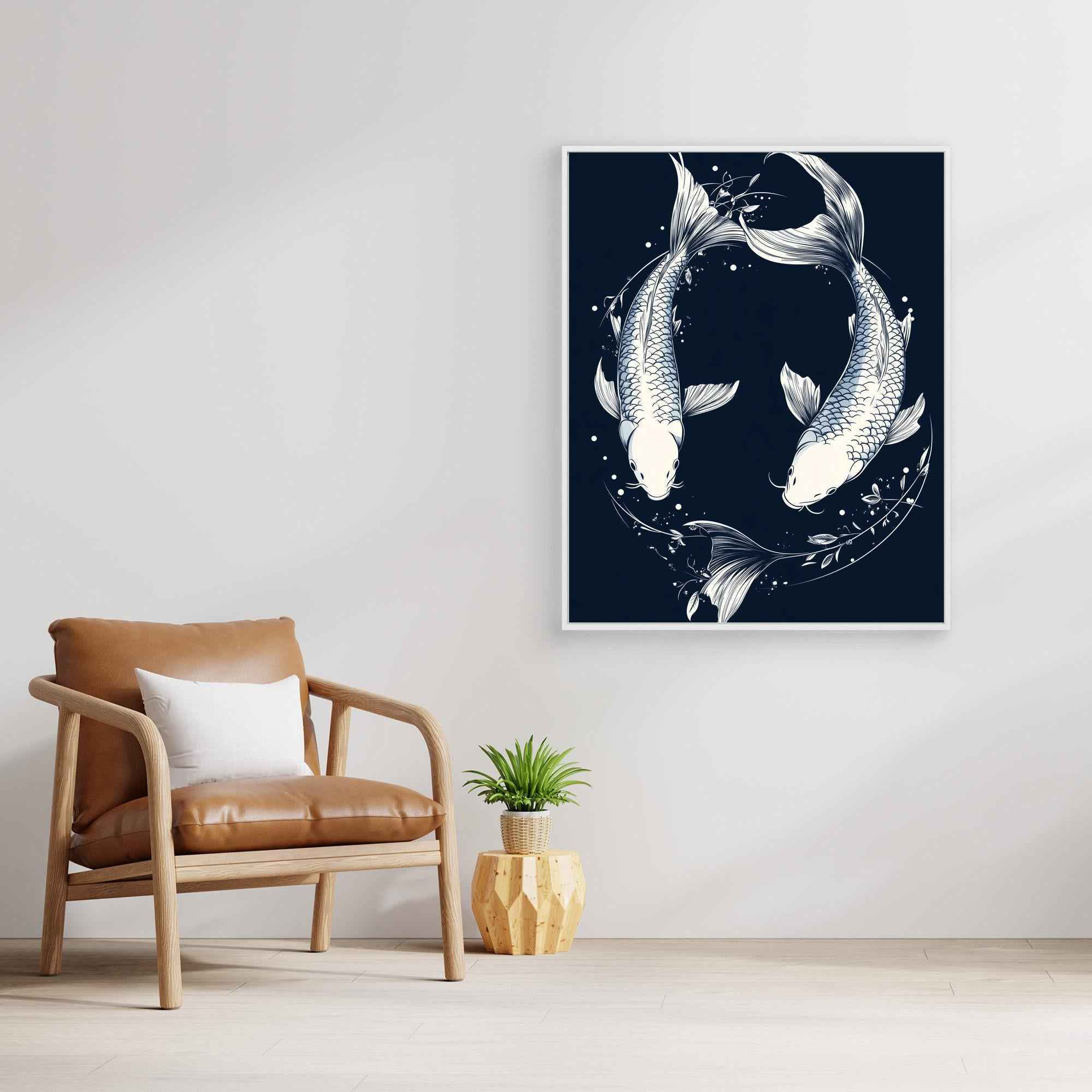 Koi Yin Yang Navy Canvas Wall Art - Framed Pop Art
