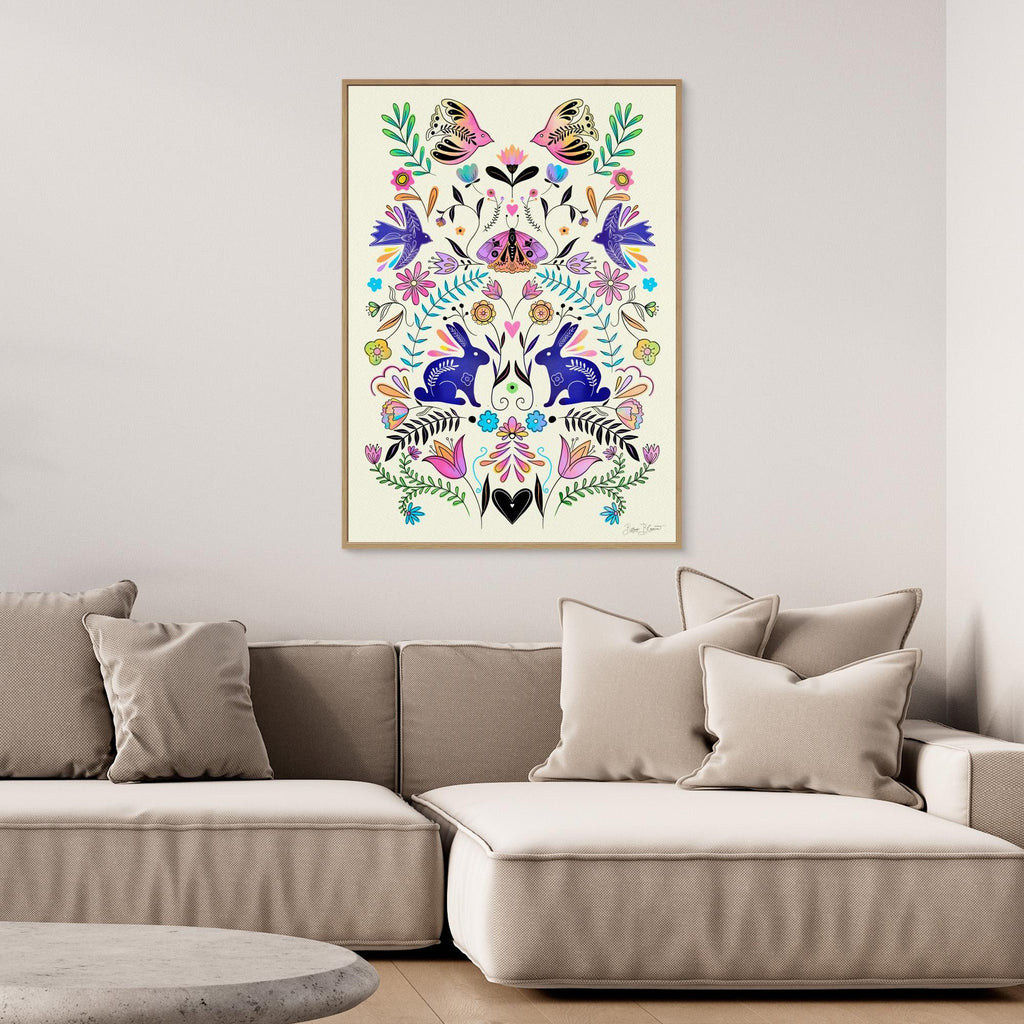 Hallway Wall Art – Folk Art Rabbits & Botanical Canvas Print - Framed Pop Art