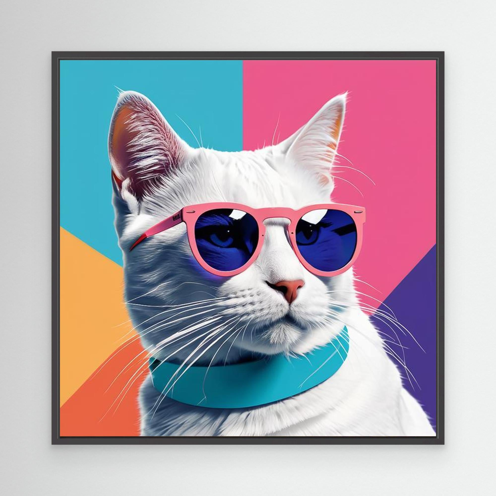 Cool White Cat in Pink Sunglasses Canvas Wall Art - Framed Pop Art