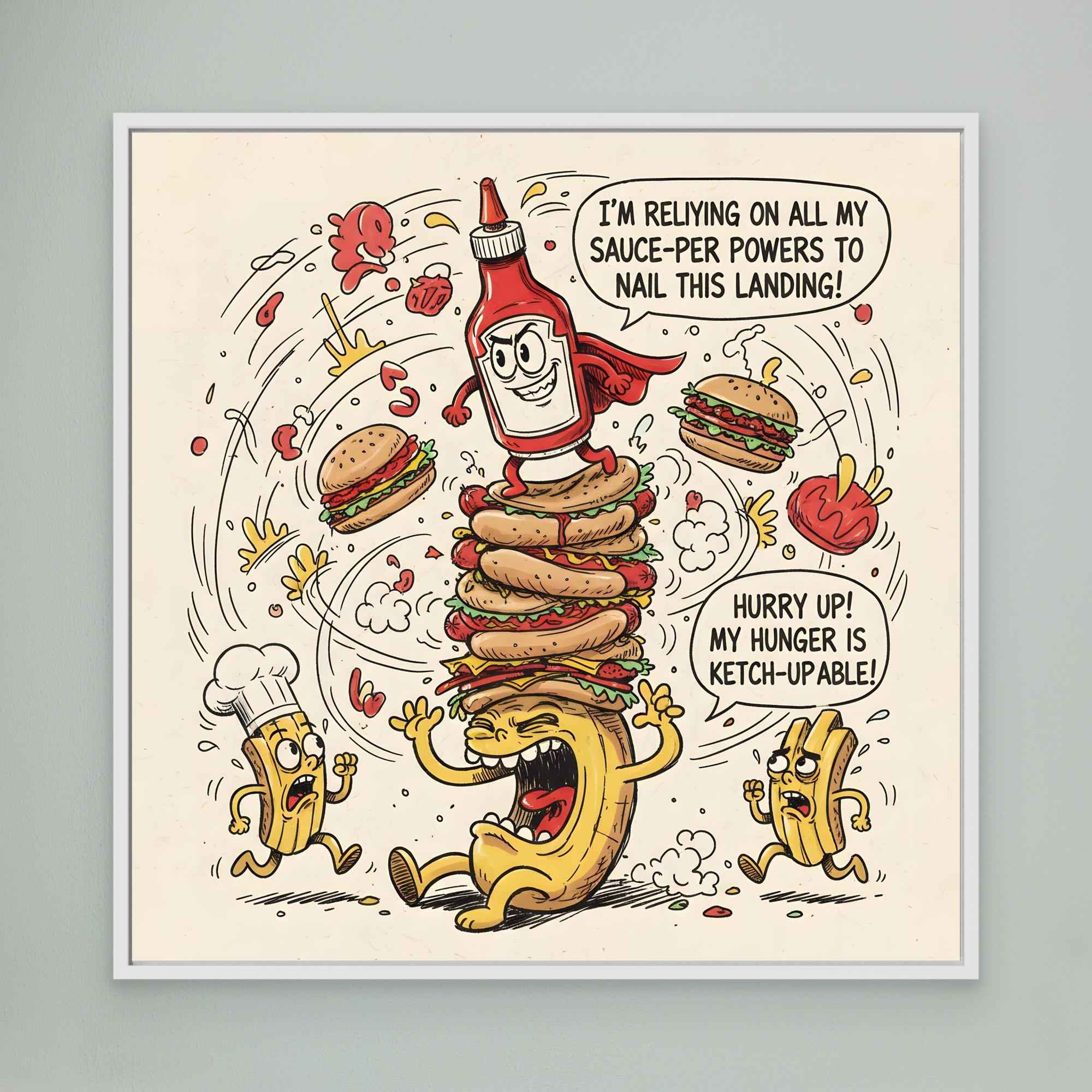 Funny Ketchup Burger Canvas Wall Art - Framed Pop Art
