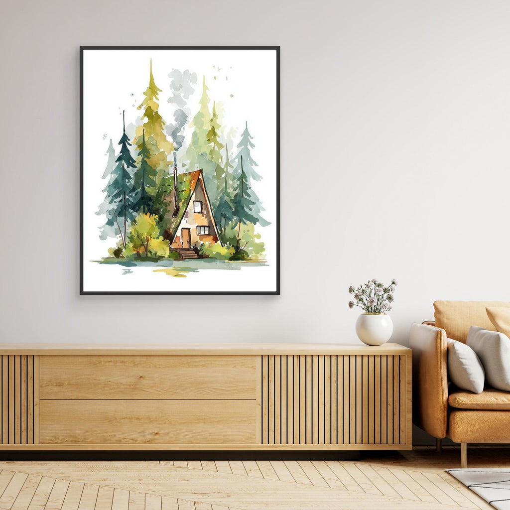 Cozy A-Frame Forest Cabin Watercolour Art | Woodland Nursery - Framed Pop Art