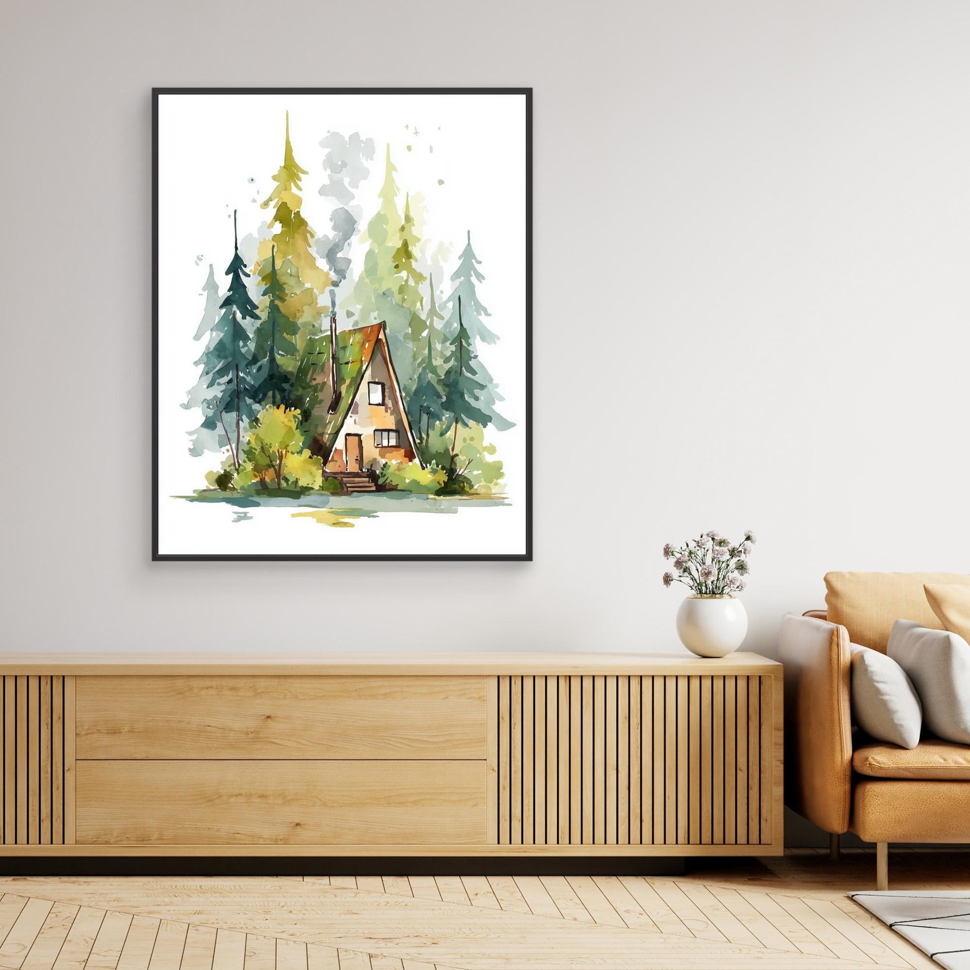 Cozy A-Frame Forest Cabin Watercolour Art | Woodland Nursery - Framed Pop Art
