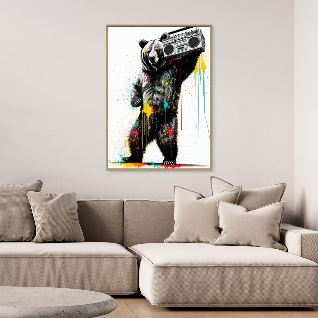 Grizzly Bear Boombox Canvas Art | Retro Urban Wall Decor - Framed Pop Art